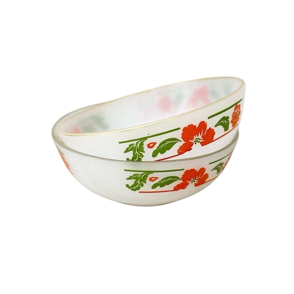 Two Vintage Orange & Green Floral Milk-glass Bowls Gold & Silver Trim